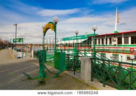 Prague Czech Republic - March 20 2017: Botel Admiral on the Vltava river in Prague.In Admiral Botel is romantic and comfortable accommodation in a central location Prague.