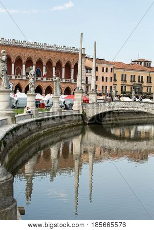 PADUA ITALY - MAY 3 2016: Lodge Amulea in the Great piazza of Prato della Valle also known as Ca' Duodo Palazzo Zacco in Padua Italy