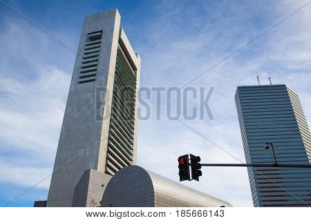 Boston Massachsetts USA -July 22016: Boston Skyline showing Financial District at sunset. The Financial District of Boston is located in the downtown area near Government Center and Chinatown.