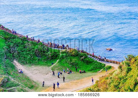 KEELUNG TAIWAN - APRIL 04: This is Badouzi seaside park scenic area where many travelers come to hike and see the sea views on April 04 2017 in Keelung
