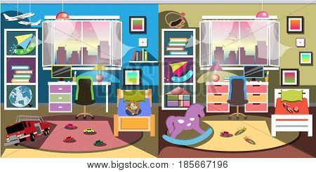 Boy and girl room set. Interior bedroom. Vector illustration