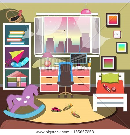 Girls bedroom interior. Flat style cartoon vector illustration with isolated objects.