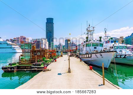 KEELUNG TAIWAN - APRIL 04: This is the Keelung harbor with boats. It is one of Taiwan's main ports where you can see boats and ships docked on April 04 2017 in Keelung