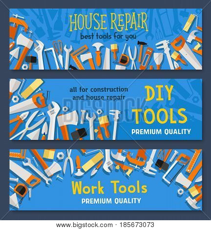 Work tools vector banners of carpentry instruments drill or hammer and tape measure ruler, spanner and saw, plaster trowel and paint brush or screwdriver for do-it-yourself toolbox
