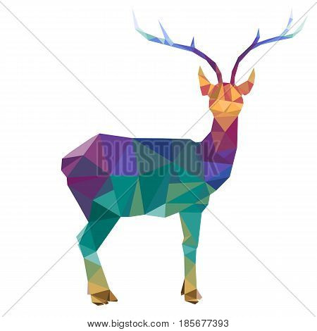 vector polygonal silhouette of deer with horns, triangulation of animal isolated at white background