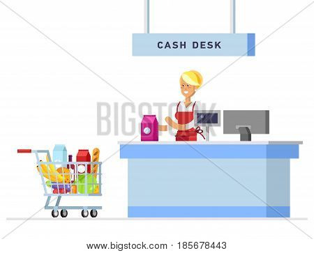 Supermarket store counter desk equipment and clerk in uniform ringing up meal purchases. Flat style vector illustration isolated on white background.