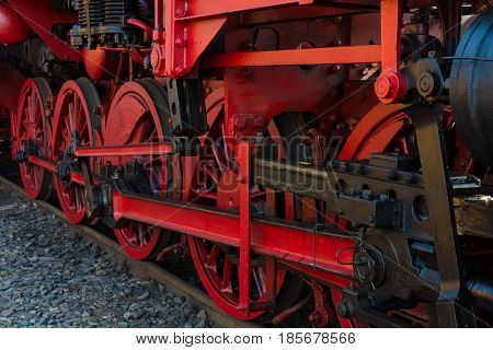 BERLIN - APRIL 21: Detail of an old steam locomotive Spring Festival Exhibition in the Rail yard Schoeneweide April 21 2013 in Berlin Germany