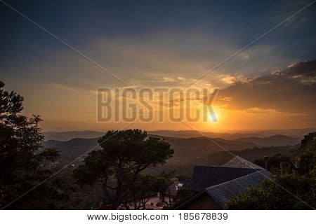 Barcelona Spain Sunset Landscape from Mountain Tibidado