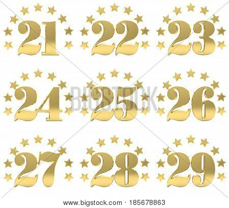 Set of golden digit from twenty one to twenty nine decorated with a circle of stars. 3D illustration