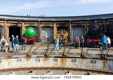 BERLIN - APRIL 21: Various steam locomotive the Spring Festival the exhibition in the Rail yard Schoeneweide April 21 2013 in Berlin Germany