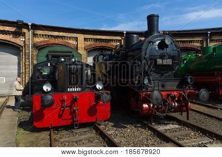 BERLIN - APRIL 21: Steam locomotive Borsig 9525 and DRG Kleinlokomotive Class I (Gmeinder) Spring Festival the exhibition in the Rail yard Schoeneweide April 21 2013 in Berlin Germany