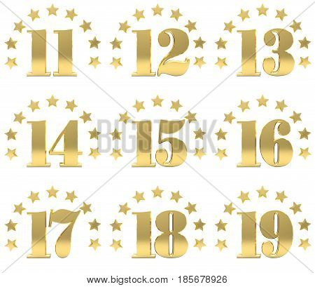 Set of golden digit from eleven to nineteen decorated with a circle of stars. 3D illustration