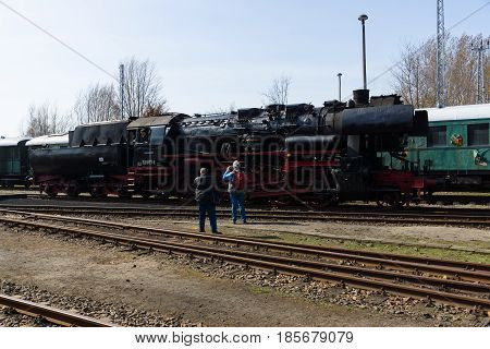 BERLIN - APRIL 21: Steam locomotive MBA 14066 (Orenstein & Koppel) the Spring Festival the exhibition in the Rail yard Schoeneweide April 21 2013 in Berlin Germany