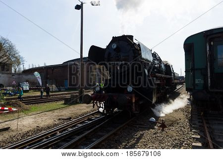 BERLIN - APRIL 21: Steam locomotive MBA 14066 (Orenstein & Koppel) the Spring Festival the exhibition in the Rail yard Schoeneweide April 21 2013 in Berlin Germany