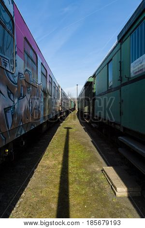 BERLIN - APRIL 21: Vintage carriages painted graffiti. Spring Festival Exhibition in the Rail yard Schoeneweide April 21 2013 in Berlin Germany