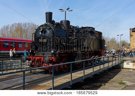 BERLIN - APRIL 21: Steam locomotive Borsig 9525 Spring Festival the exhibition in the Rail yard Schoeneweide April 21 2013 in Berlin
