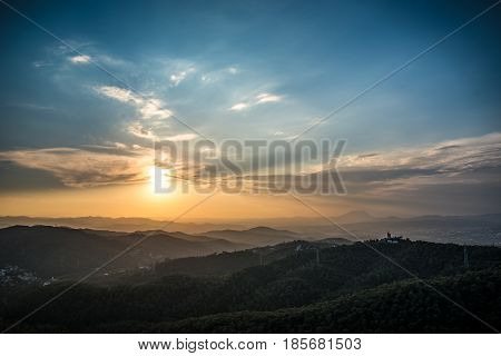 Barcelona Spain Sunset Landscape from Mountain Tibidado
