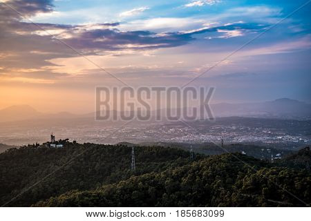 Barcelona Spain Sunset Landscape from Mountain Tibidado