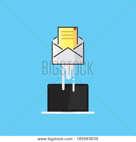 Envelope flies out of the laptop. E-mail, email marketing, internet advertising concepts. Flat design vector illustration