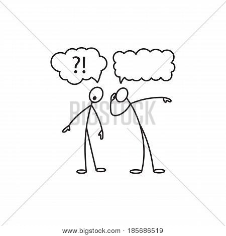 Cartoon icons of sketch stick figures vector people in cute miniature scenes.
