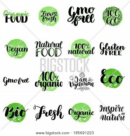 Eco, Bio, Organic, Gluten free, Natural food, Vegan Lettering. Modern Hand Drawn Ecological Icons and Badges against green circle. Brush Calligraphy Creative Set. Vector illustration