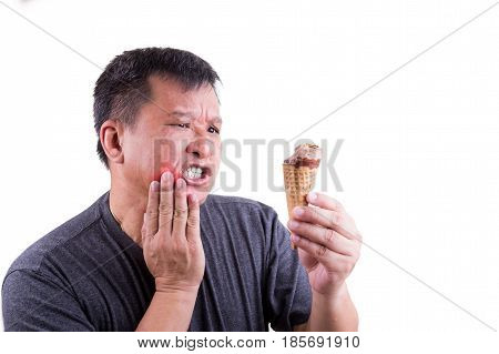 Matured Man Suffering Intense Toothache Pain After Biting Ice Cream