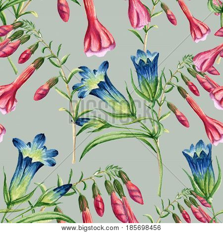 Background of flowers. Seamless pattern. Batanic watercolor illustration