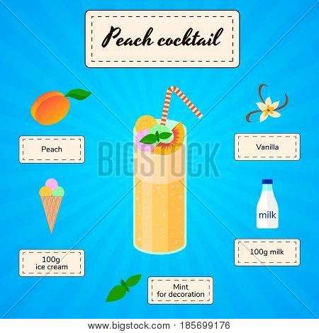 peach cocktail cocktail recipe vector ingredients with blue background