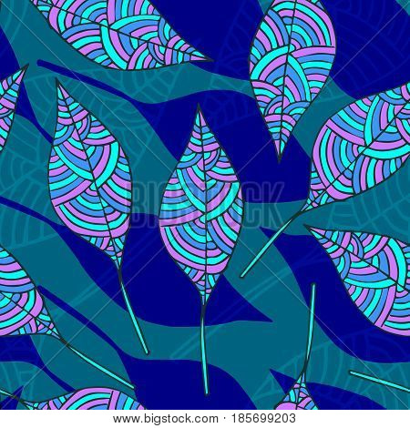 Vector seamless pattern leaves with line blue violet