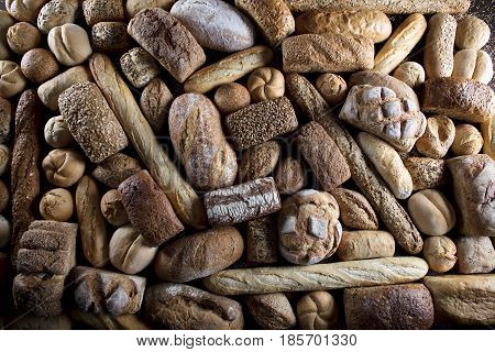 Baked goods. Mixed bread top view studio shots.