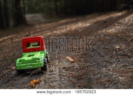 Toy truck on a shady forest road
