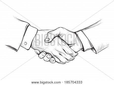 Hand drawn sketch illustration of a handshake. Partnership. Decorative line. Vector hands.