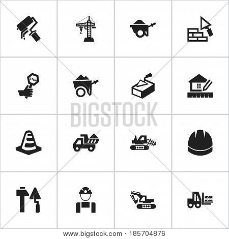 Set Of 16 Editable Construction Icons. Includes Symbols Such As Truck, Mule, Employee And More. Can Be Used For Web, Mobile, UI And Infographic Design.