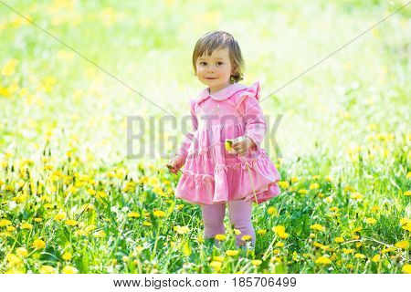 Girl in pink dress with dandelion on green grass