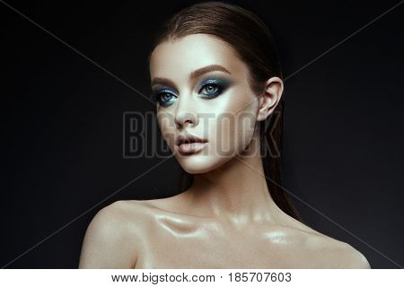 Fashion model Woman with fantasy make up. Long blowing brown hair. Fantasy Girl. Mermaid.