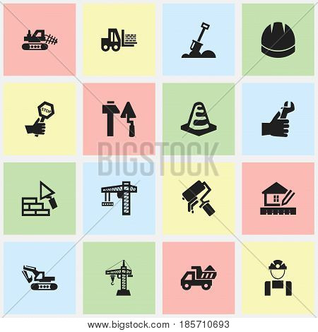 Set Of 16 Editable Structure Icons. Includes Symbols Such As Construction Tools, Mule, Scrub And More. Can Be Used For Web, Mobile, UI And Infographic Design.