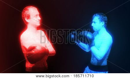 Red And Blue Holograms Of Boxers Fight Each Other