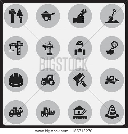 Set Of 16 Editable Structure Icons. Includes Symbols Such As Hardhat, Endurance, Trolley And More. Can Be Used For Web, Mobile, UI And Infographic Design.