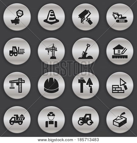 Set Of 16 Editable Building Icons. Includes Symbols Such As Construction Tools, Truck, Employee And More. Can Be Used For Web, Mobile, UI And Infographic Design.