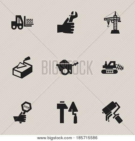 Set Of 9 Editable Building Icons. Includes Symbols Such As Spatula, Mule, Scrub And More. Can Be Used For Web, Mobile, UI And Infographic Design.