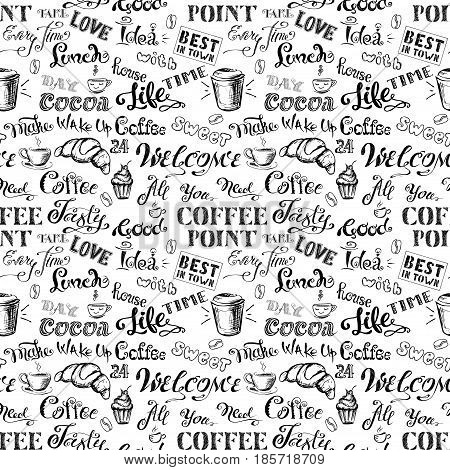 Seamless Pattern Coffee Lettering,hand Drawn On White Background