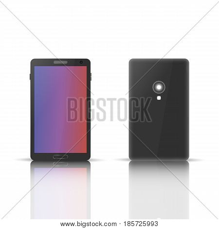 Photorealistic mobile phone with a mirror reflection isolated on white background. Front and back side. Element for design of digital devices vector illustration.