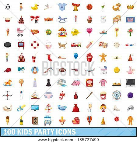 100 kids party icons set in cartoon style for any design vector illustration