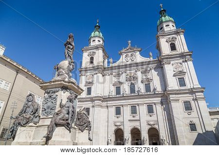 Salzburg Cathedral At Domplatz Town Square In Summer, Salzburg, Austria