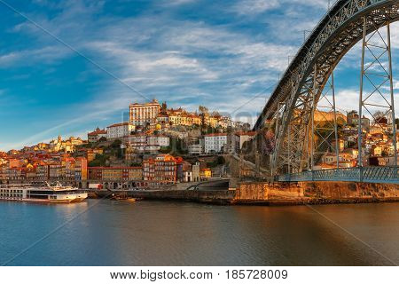 Douro river, Ribeira and Dom Luis I or Luiz I iron bridge in the sunny morning Porto, Portugal.