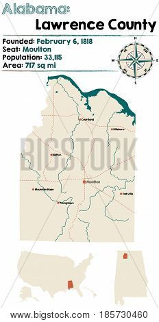 Large and detailed map of Lawrence County in Alabama.