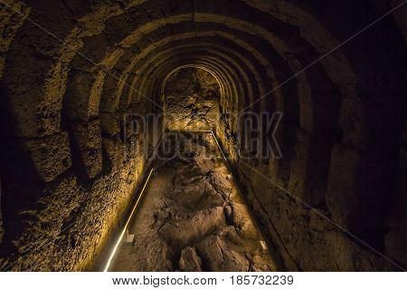 Door to Hades, the realm of the dead, on the banks of the Acheron river. An antique temple Necromanteion, Epirus, Greece
