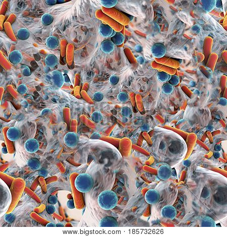 Bacteria inside biofilm, seamless background. Rod-shaped and spherical bacteria surrounded by polysaccharide matrix. 3D illustration