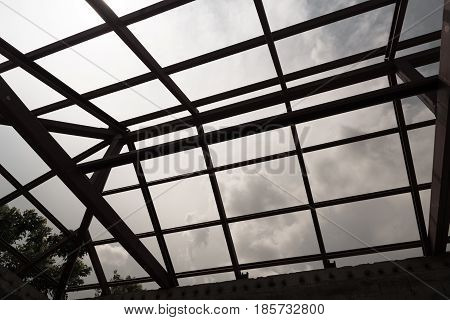 Structural steel beam on roof of building residential construction.