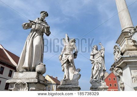 MARIBOR, SLOVENIA - APRIL 03: Saints Francis of Assisi, Sebastian and James statue, Plague column at Main Square of the city of Maribor in Slovenia, April 03, 2016.